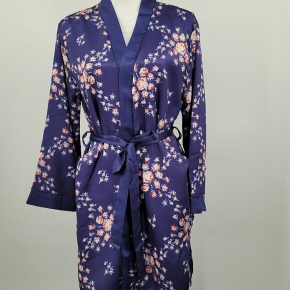 Morgan Lane Navy Floral Satin Romantic Comfy Allie Robe - Picture 1 of 8